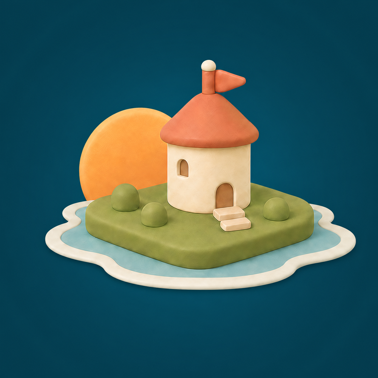 Quest for Duskara app icon: a clay tower on a small green island with a setting sun